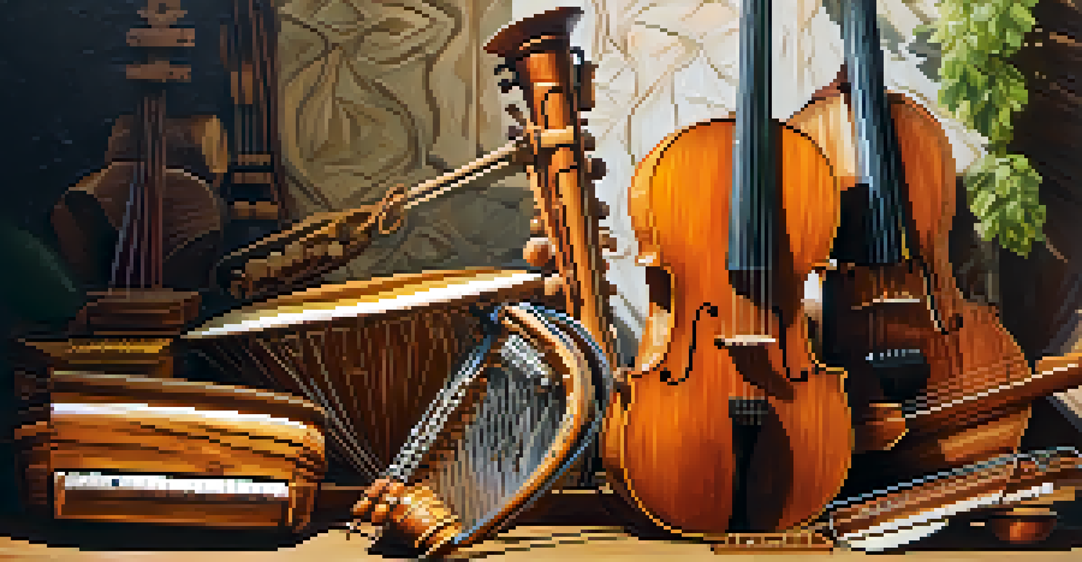 A collection of intricately carved wooden musical instruments on a rustic table with natural light and greenery in the background.