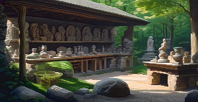 A tranquil stone carving workshop surrounded by trees, showcasing various stone sculptures and tools in natural light.