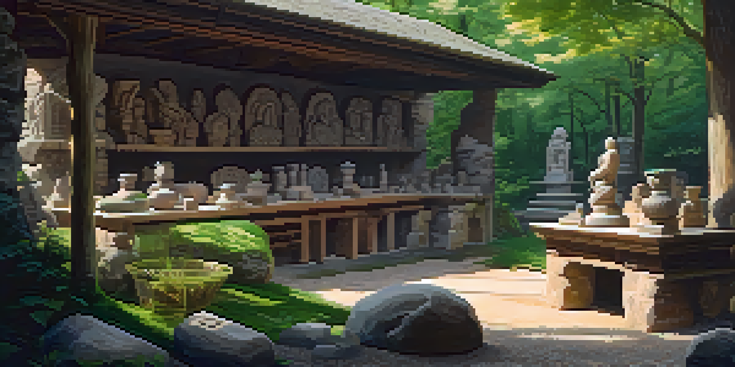 A tranquil stone carving workshop surrounded by trees, showcasing various stone sculptures and tools in natural light.