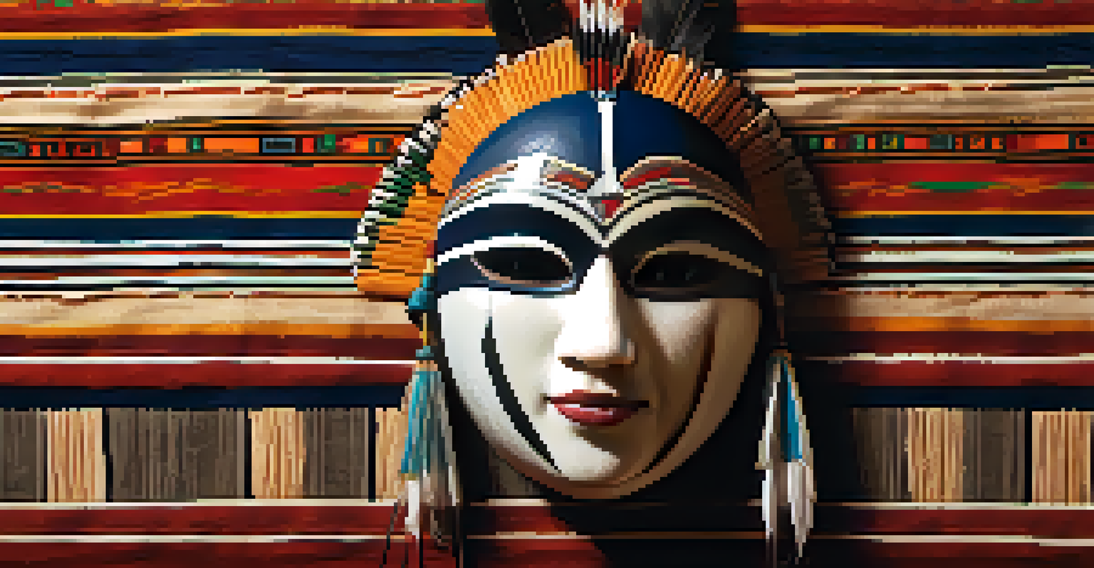 An intricately painted indigenous ceremonial mask displayed against traditional fabrics, illuminated with soft warm lighting.