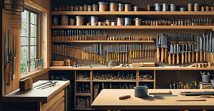 A woodworking workshop with a pegboard displaying organized tools and a workbench with a project.