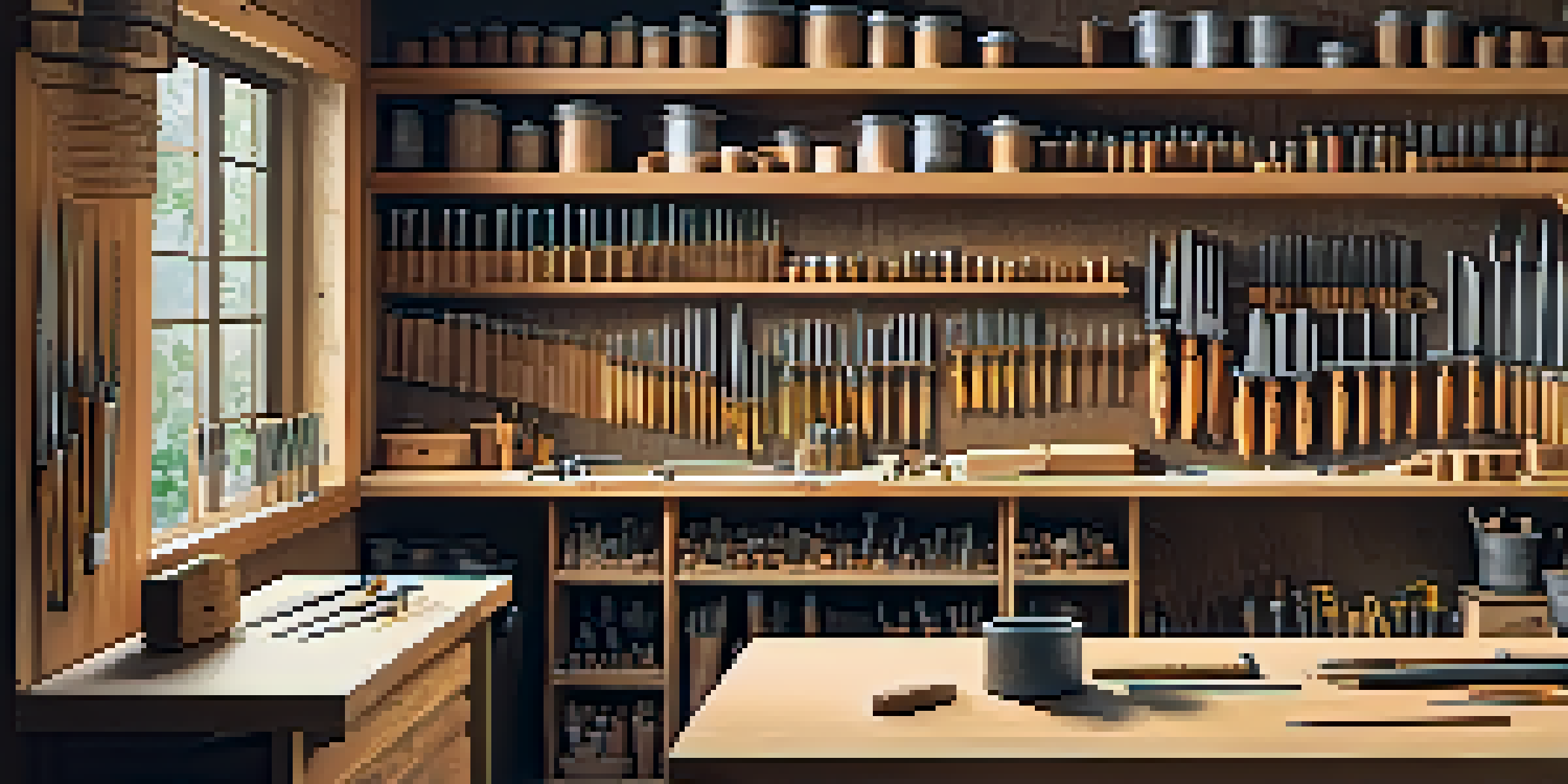 A woodworking workshop with a pegboard displaying organized tools and a workbench with a project.