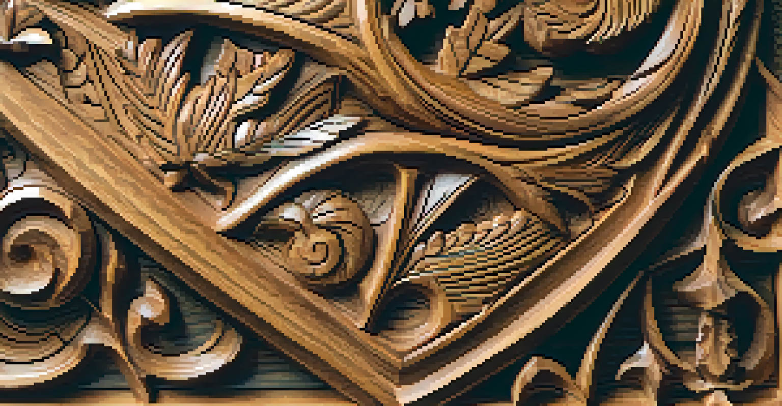 A close-up of a detailed wooden sculpture with intricate carvings, set against a blurred backdrop of a green forest.
