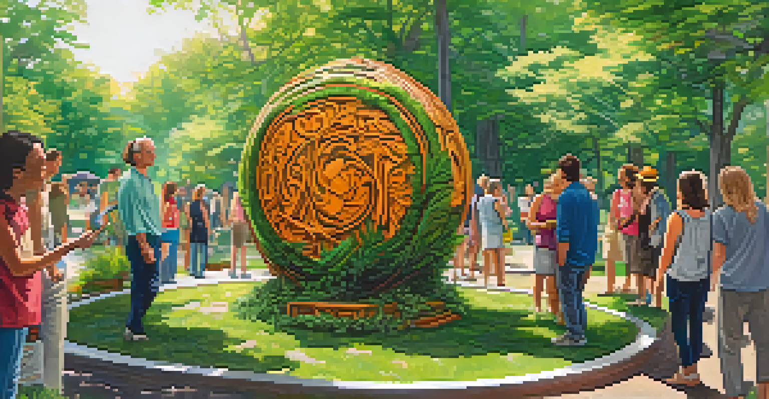 A community members interacting with a large carved sculpture made from reclaimed materials in a green space.