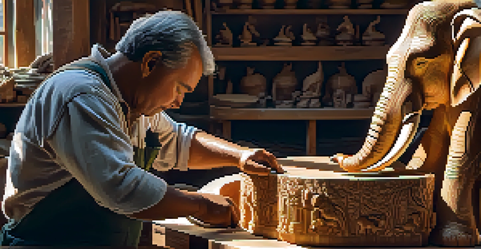 An artisan carving a detailed wooden elephant statue in a sunlit workshop filled with tools and wood shavings.