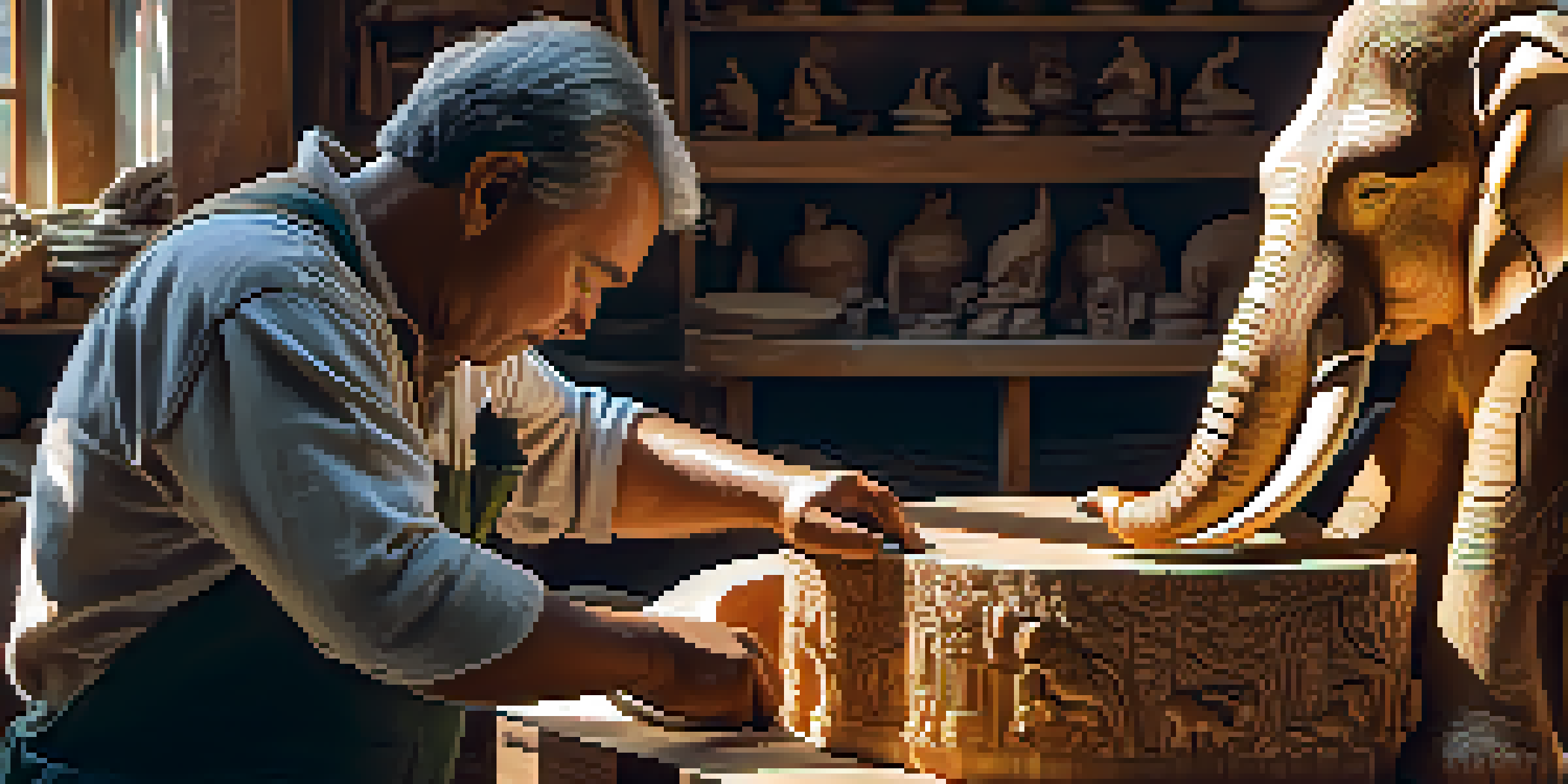 An artisan carving a detailed wooden elephant statue in a sunlit workshop filled with tools and wood shavings.