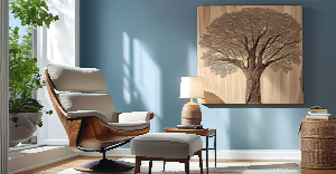 An intricately carved wooden tree wall art piece on a pale blue wall, with natural light highlighting its texture and a cozy armchair in the foreground.