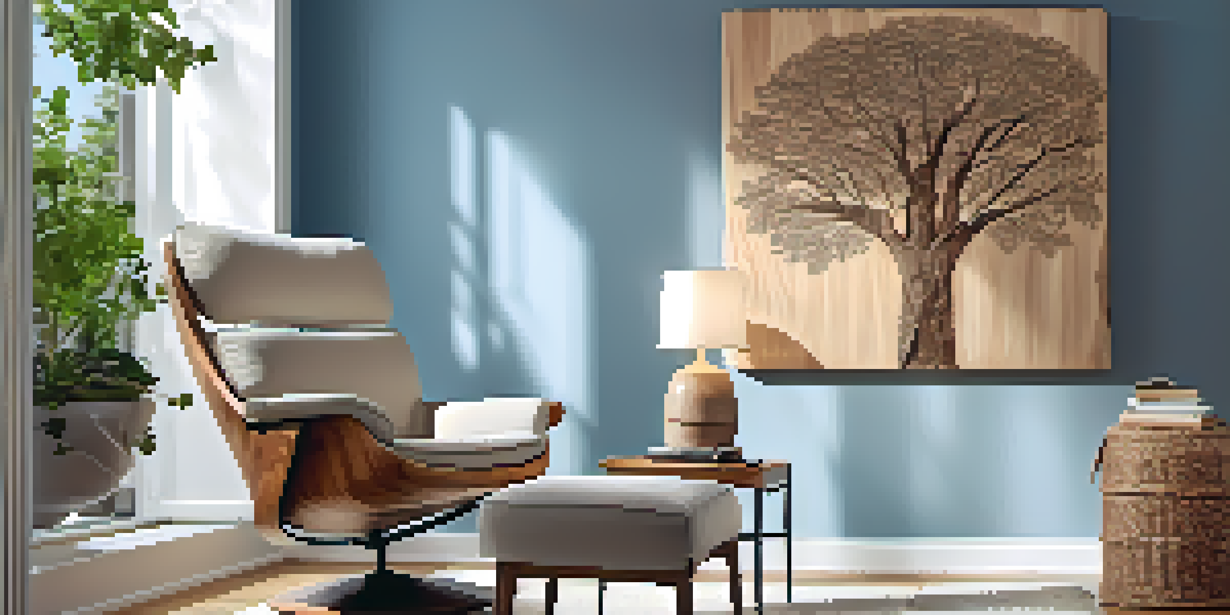 An intricately carved wooden tree wall art piece on a pale blue wall, with natural light highlighting its texture and a cozy armchair in the foreground.