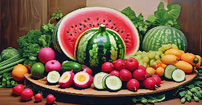 A beautifully arranged platter of carved fruits and vegetables, including a watermelon swan and radish roses, in a softly lit kitchen.