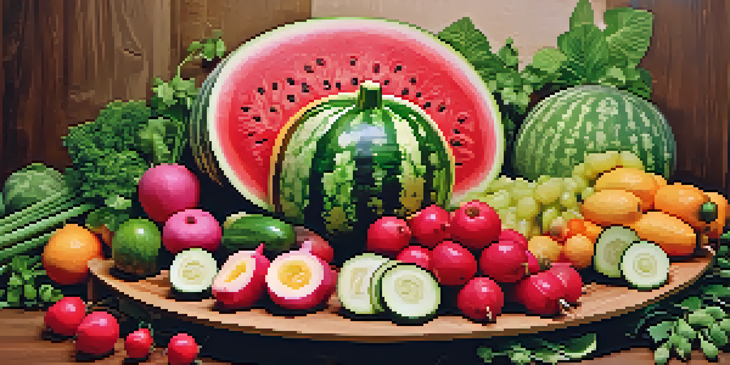 A beautifully arranged platter of carved fruits and vegetables, including a watermelon swan and radish roses, in a softly lit kitchen.