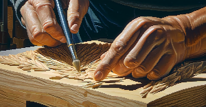 A sculptor's hands working on a wooden block, showcasing detailed carving patterns and tools in a warmly lit workshop.