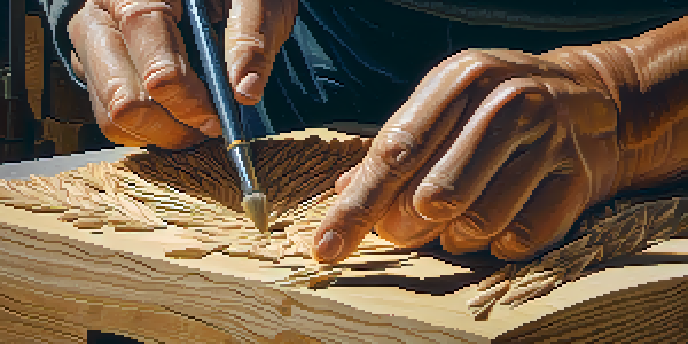 A sculptor's hands working on a wooden block, showcasing detailed carving patterns and tools in a warmly lit workshop.