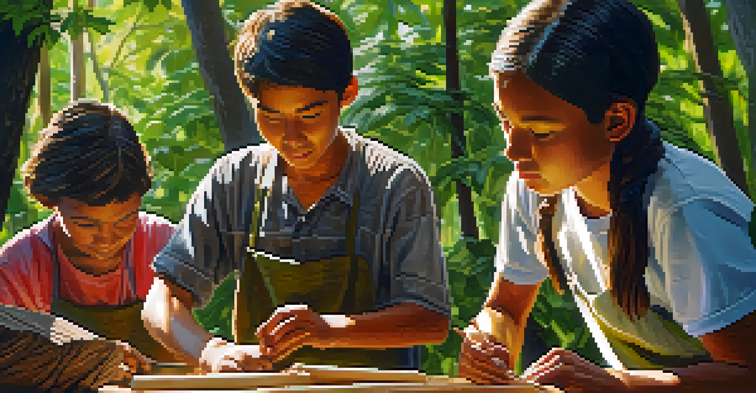 A group of young individuals participating in a traditional carving workshop outdoors, surrounded by greenery and cultural artifacts.