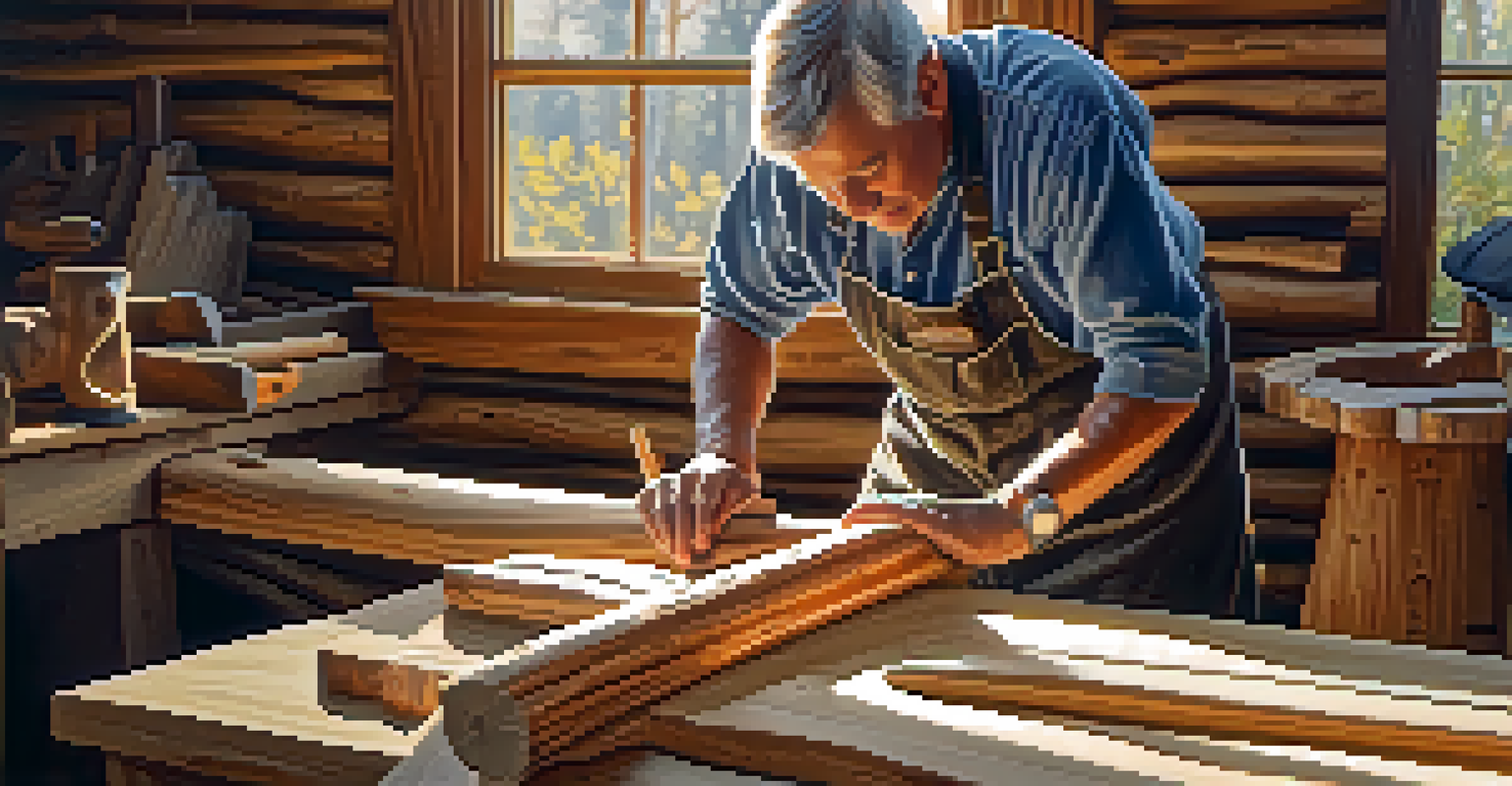 A woodcarver using an adze to shape a log, showcasing strength and precision in a sunlit workshop.