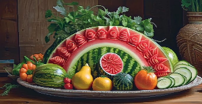 A colorful platter with a carved watermelon flower centerpiece and various vegetable carvings, set on a wooden table with soft lighting.