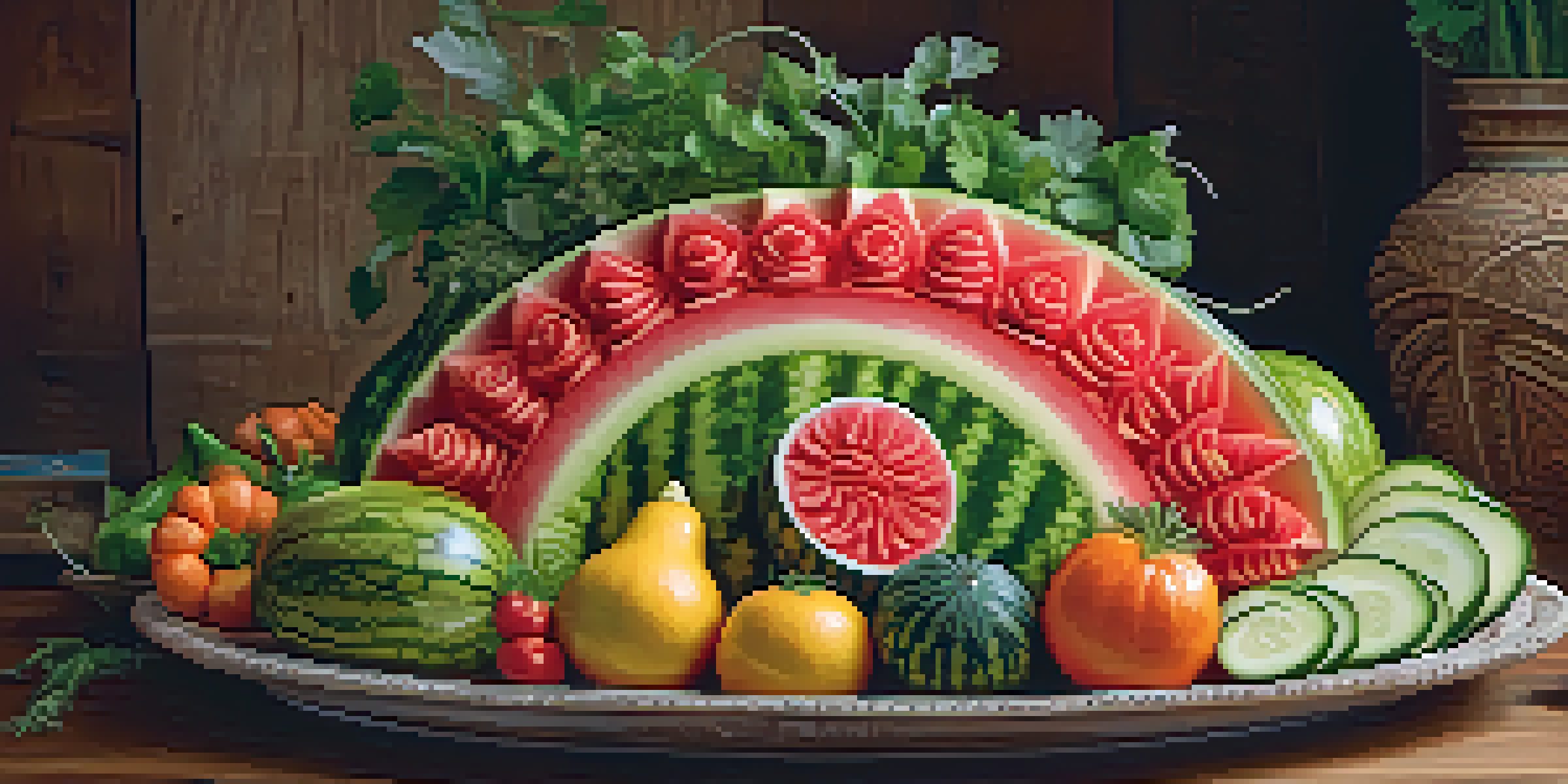 A colorful platter with a carved watermelon flower centerpiece and various vegetable carvings, set on a wooden table with soft lighting.