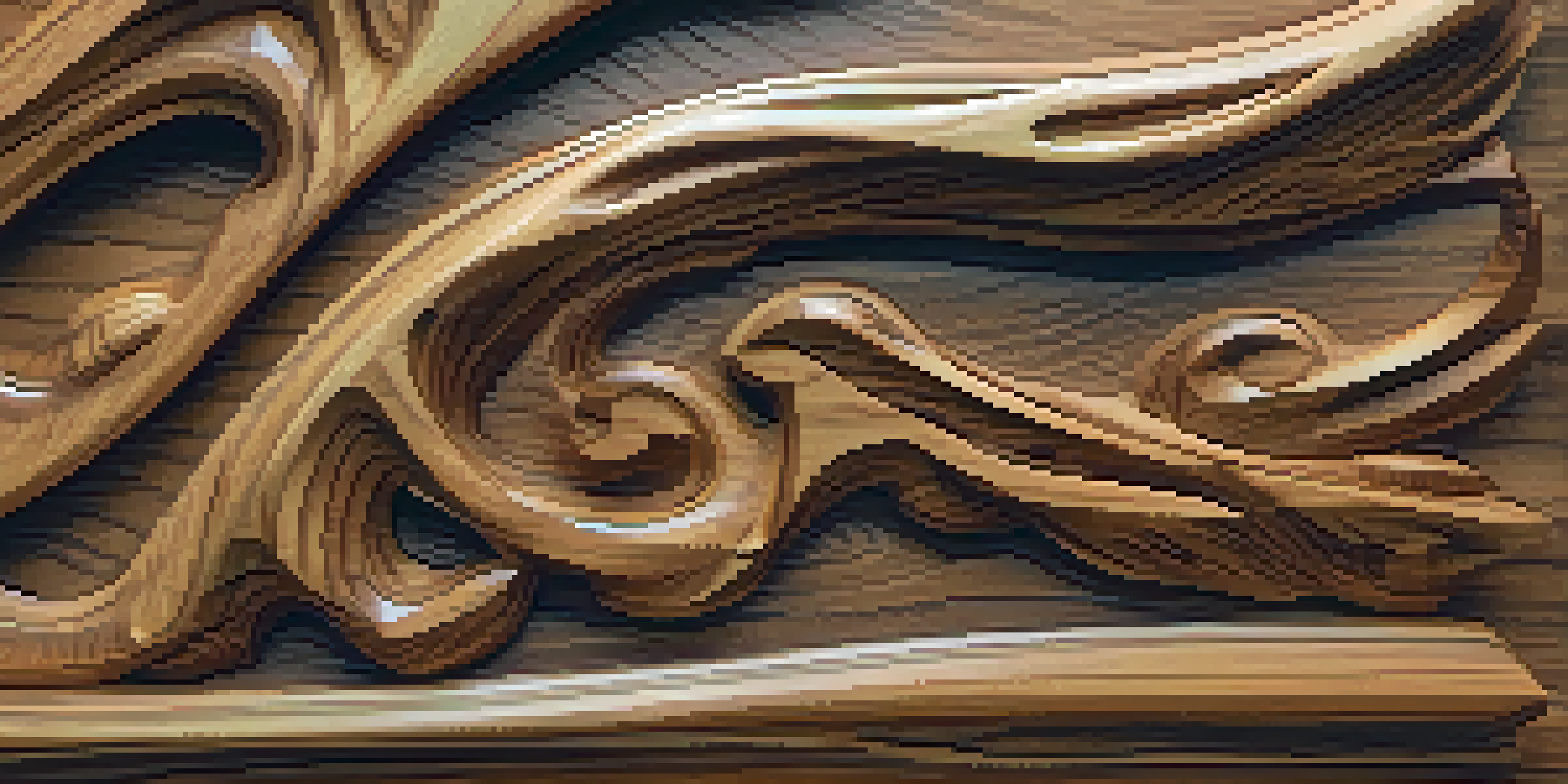 A detailed wooden sculpture with visible wood grain and natural imperfections, highlighted by soft lighting, with a blurred workshop background.