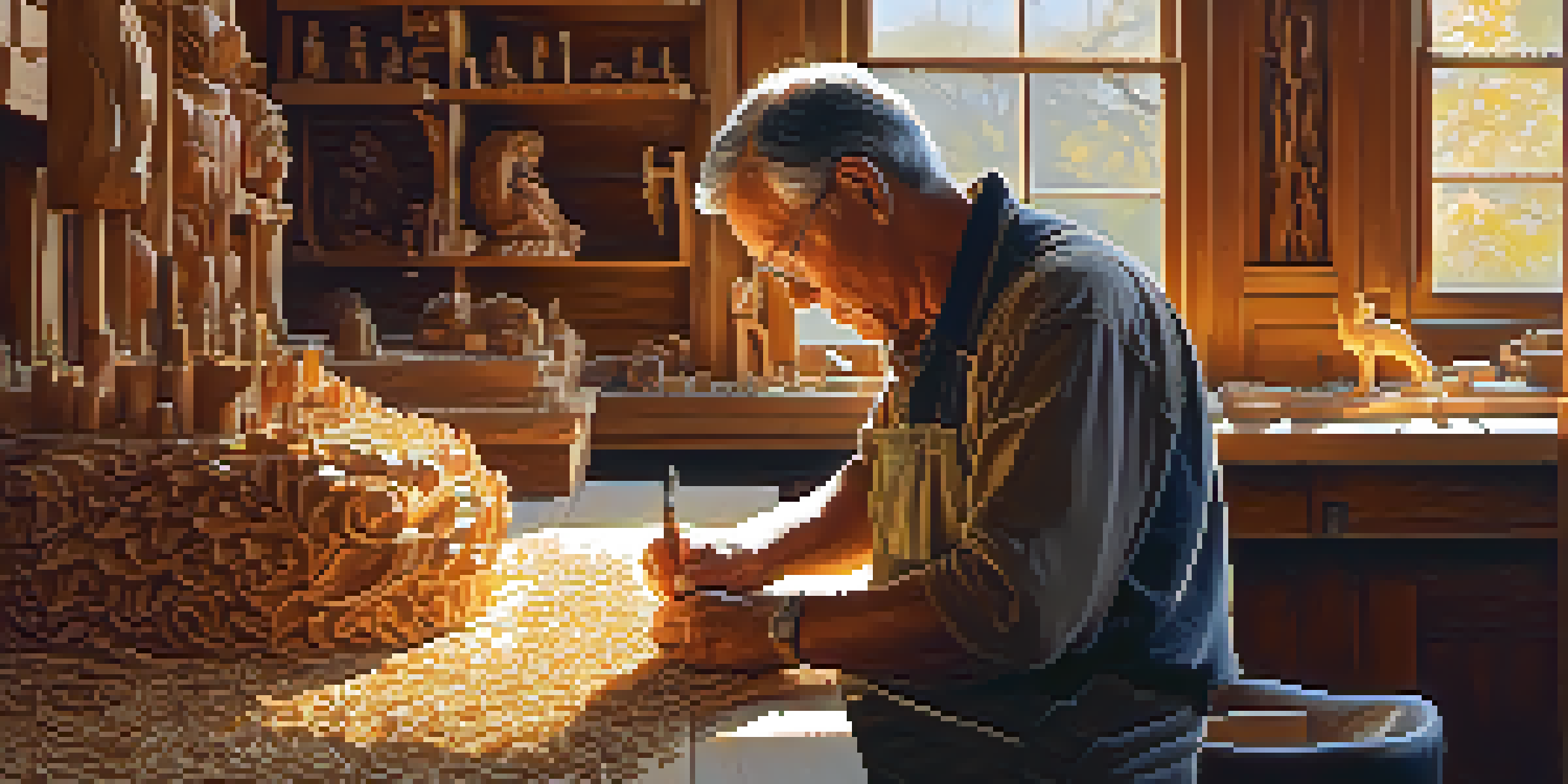 A skilled wood carver working in a bright workshop, surrounded by wood shavings and intricate carvings.