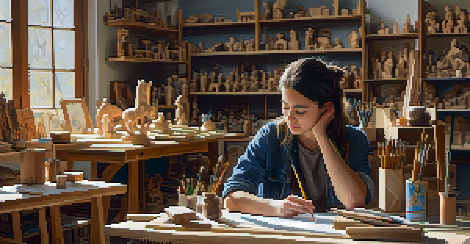 A student sitting on a stool in an art studio, contemplating their carving project in front of a large block of wood.