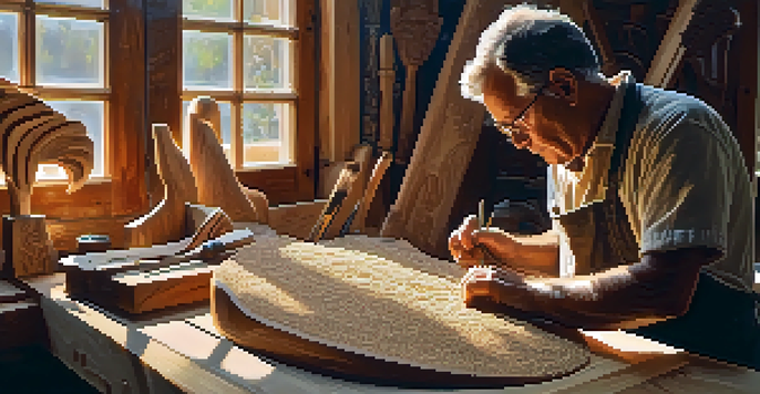 An artisan carving a wooden sculpture in a bright workshop, showcasing the detailed work and tools around.
