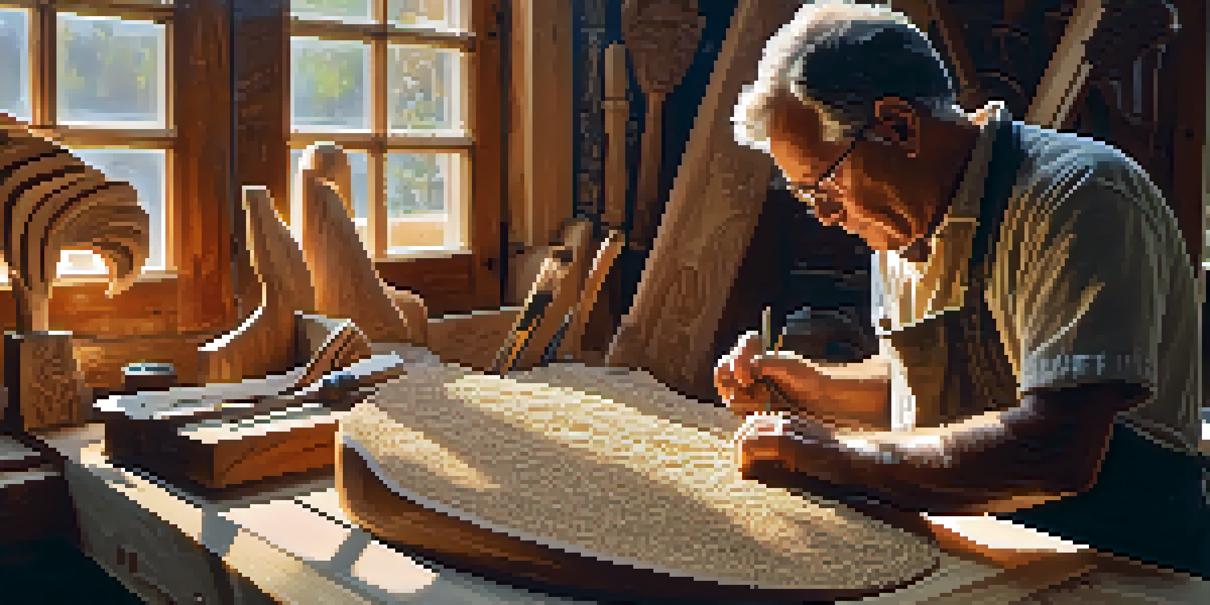 An artisan carving a wooden sculpture in a bright workshop, showcasing the detailed work and tools around.