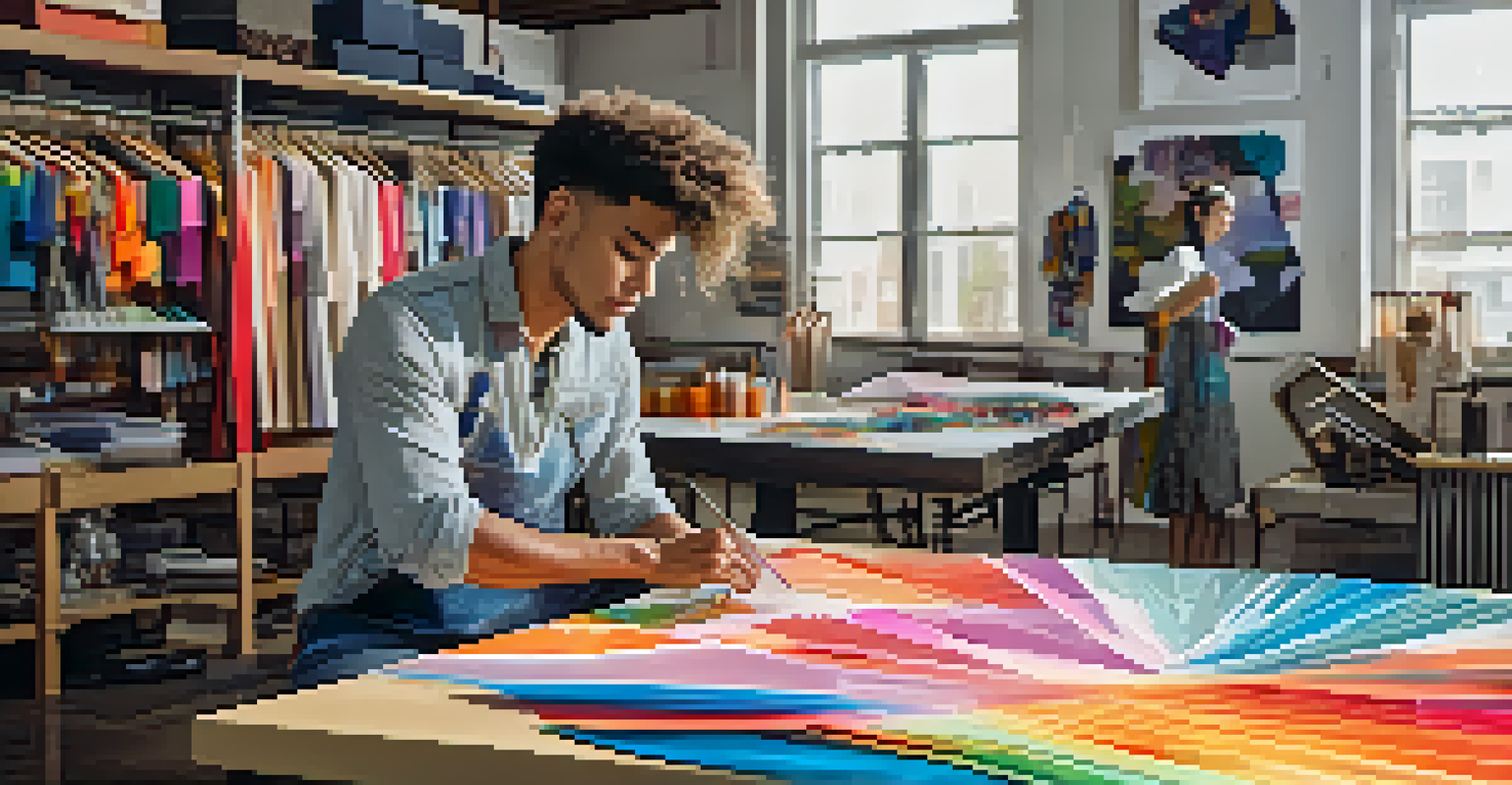 A young male fashion designer in a workshop, adjusting a custom garment made with digital fabrication, surrounded by colorful sketches.