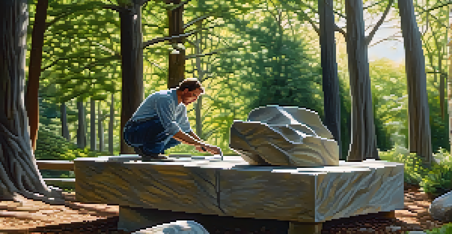 A sculptor outdoors chipping at a marble block with sunlight filtering through trees.