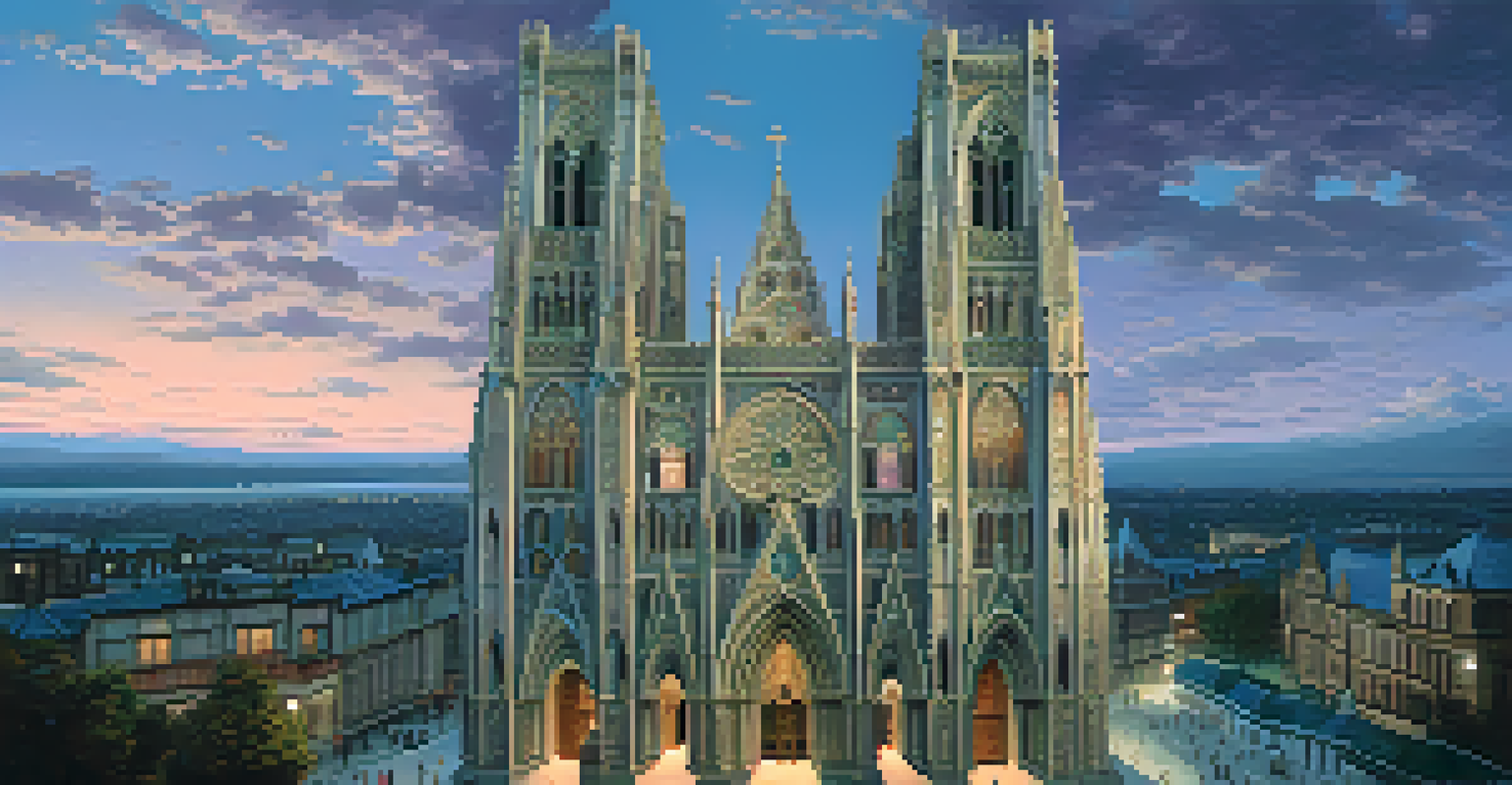 A Gothic cathedral facade with intricate stone carvings, captured at twilight with warm lights illuminating the details.