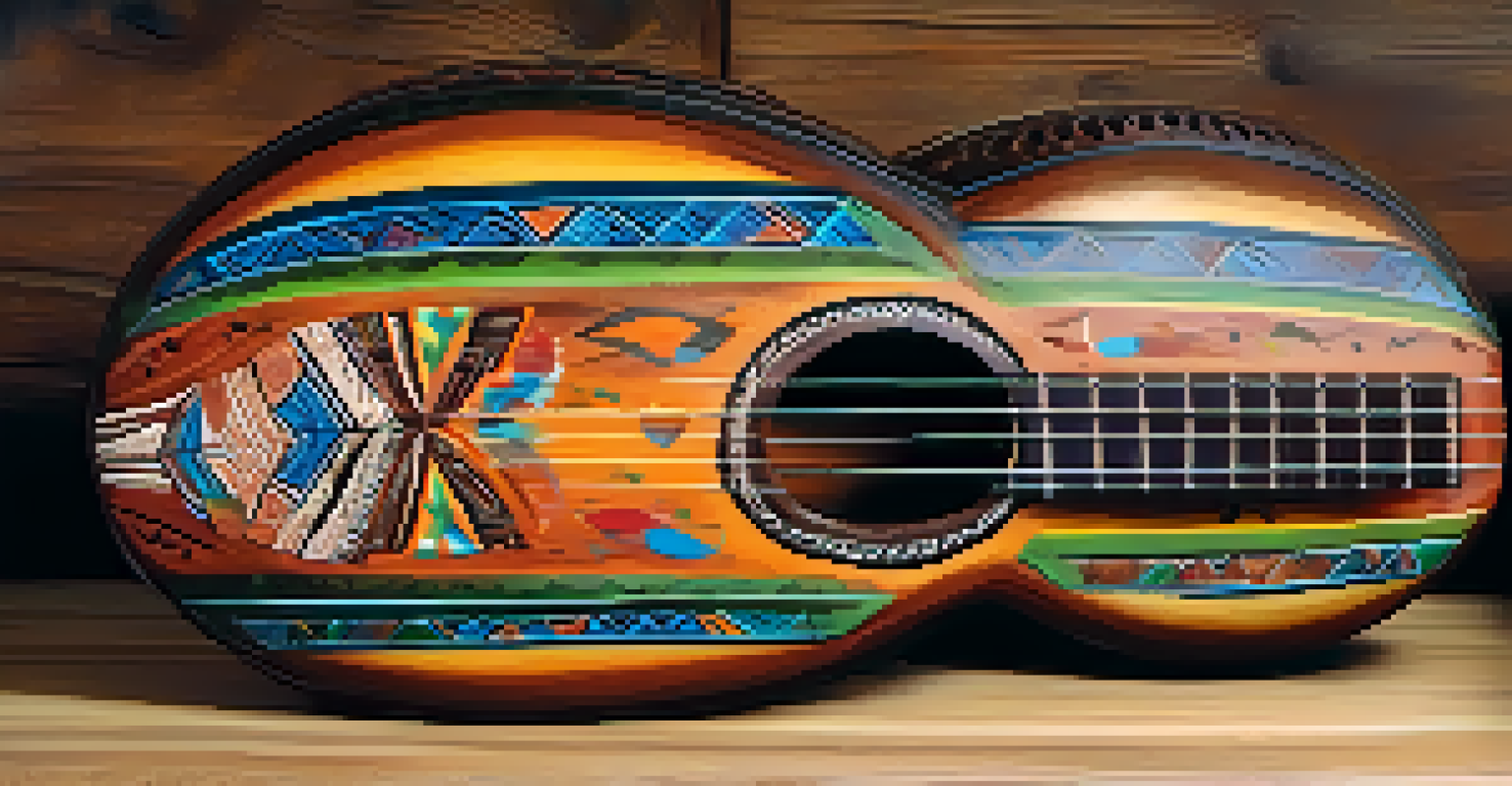 A beautifully carved charango made from armadillo shell, displayed against rustic wooden textures with vibrant designs.