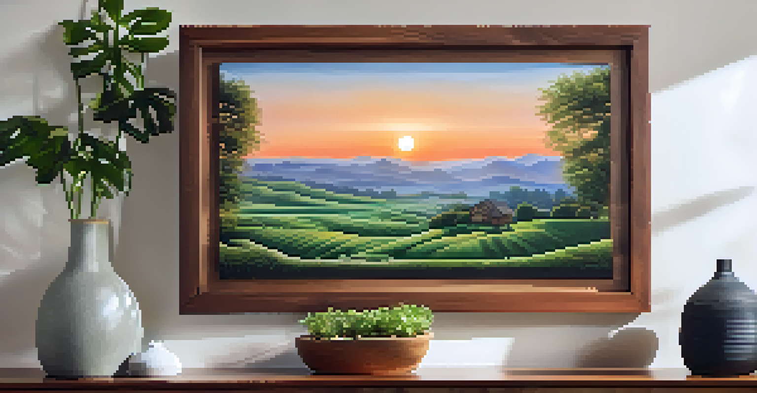A decorative wood carving of a landscape hanging on a wall, surrounded by potted plants.