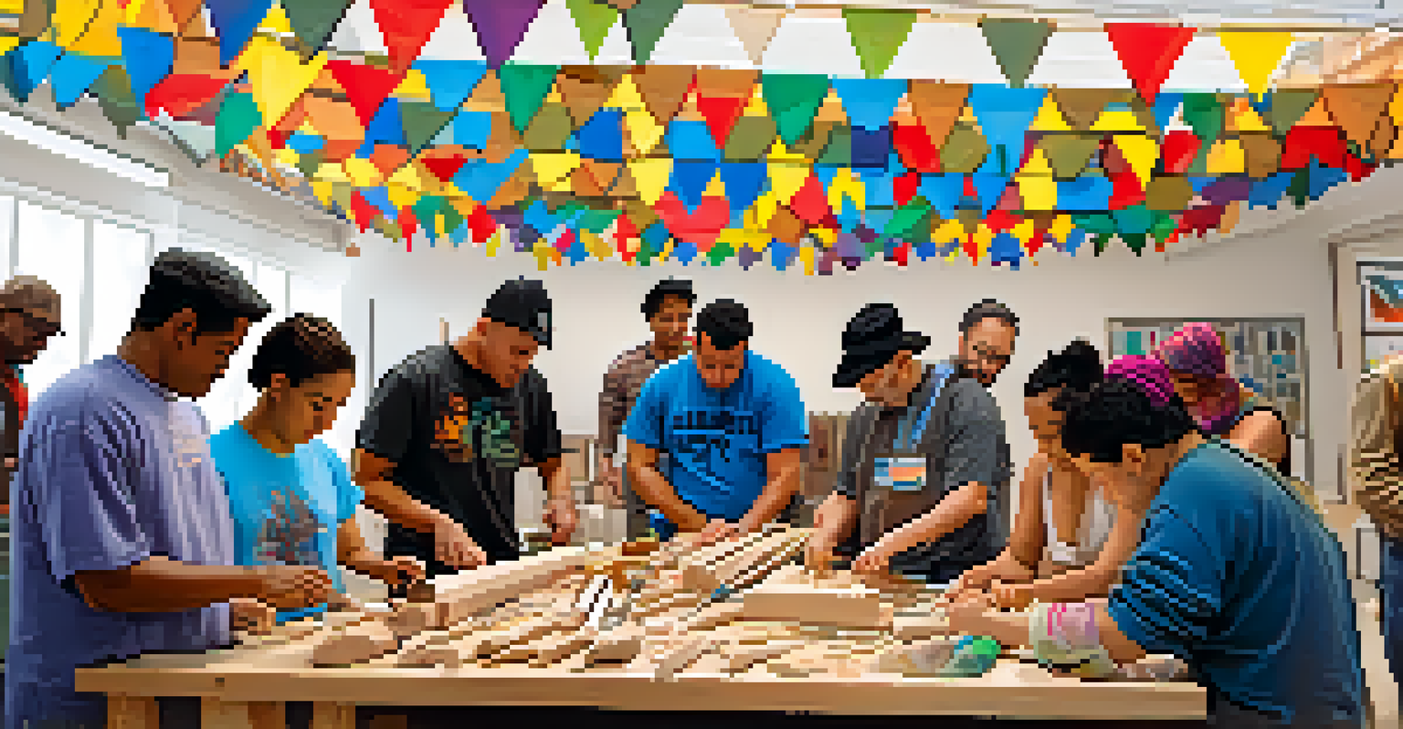 A community workshop with people collaborating on a carving project, sharing stories and working together.