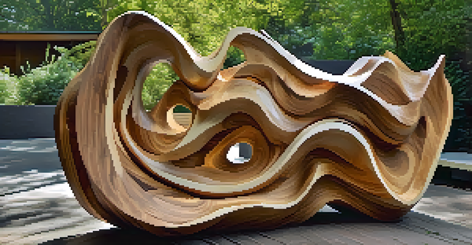An abstract wooden sculpture made from reclaimed wood, surrounded by greenery, with sunlight filtering through the leaves.