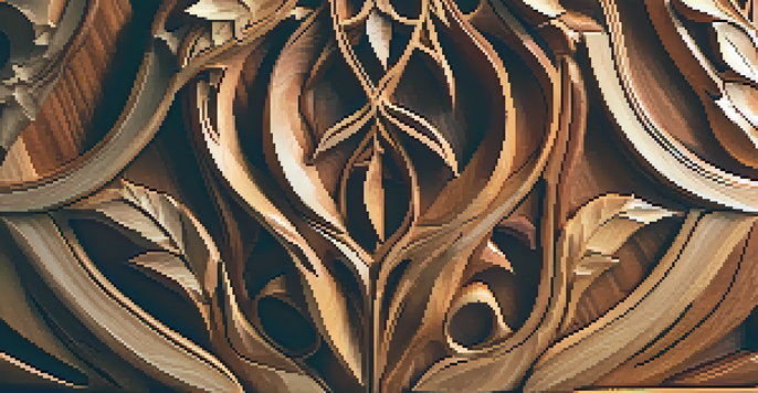 A detailed close-up of a wooden sculpture featuring nature-inspired carvings, illuminated by soft sunlight.