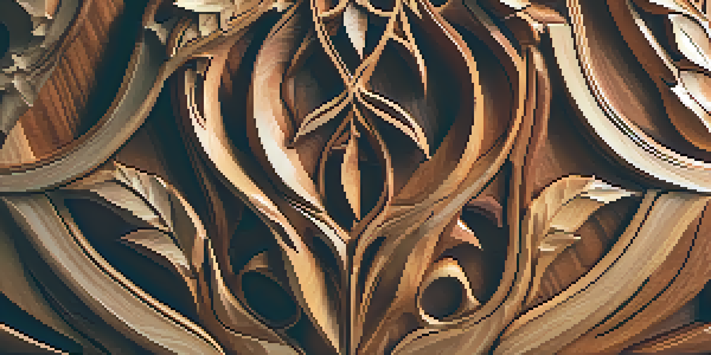 A detailed close-up of a wooden sculpture featuring nature-inspired carvings, illuminated by soft sunlight.