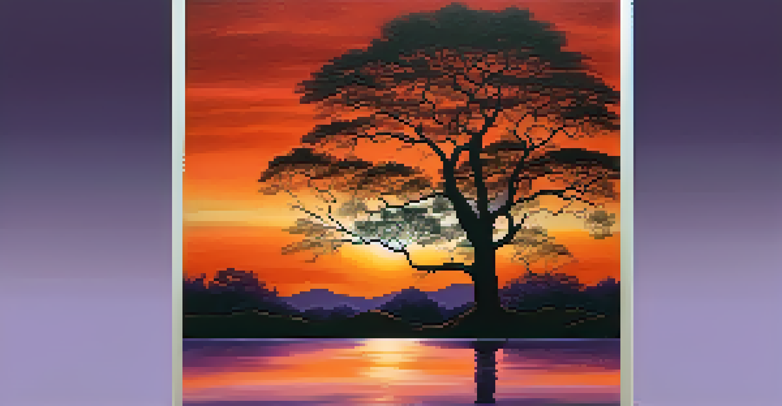 Silhouette of a tree against a colorful sunset sky.