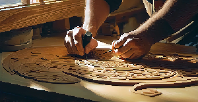 A woodworker using a rotary tool to carve detailed designs in a sunlit workshop filled with power tools.