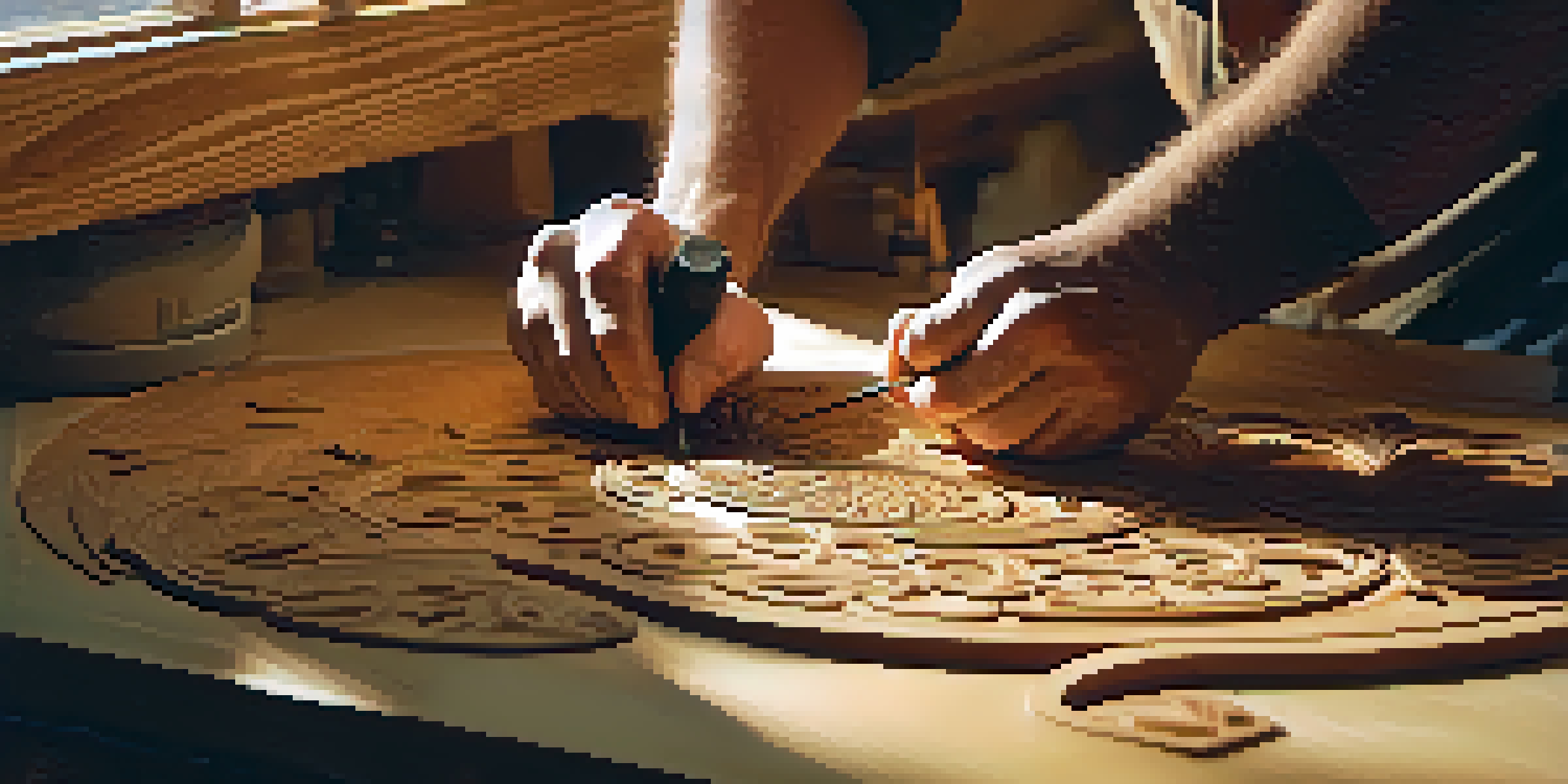 A woodworker using a rotary tool to carve detailed designs in a sunlit workshop filled with power tools.