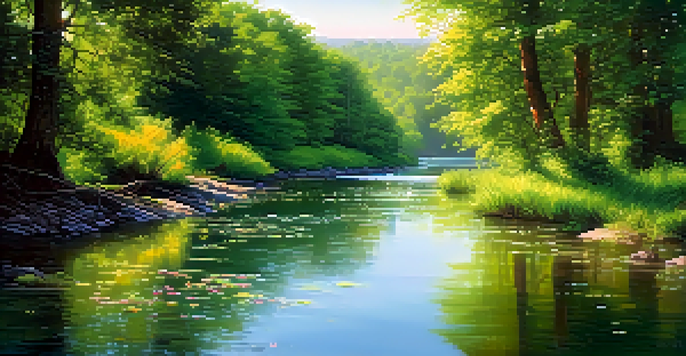 A tranquil river scene with green trees and colorful wildflowers, illuminated by soft sunlight.