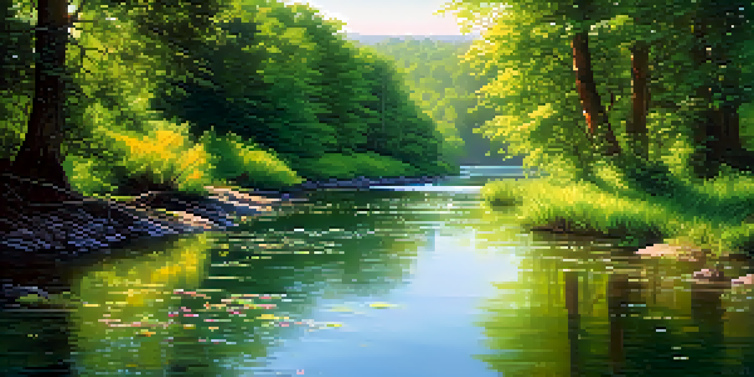 A tranquil river scene with green trees and colorful wildflowers, illuminated by soft sunlight.