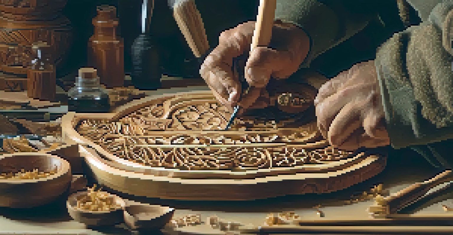 A close-up of a woodcarver's hands skillfully carving a traditional mask, showcasing details of the wood and tools in a well-lit workshop.
