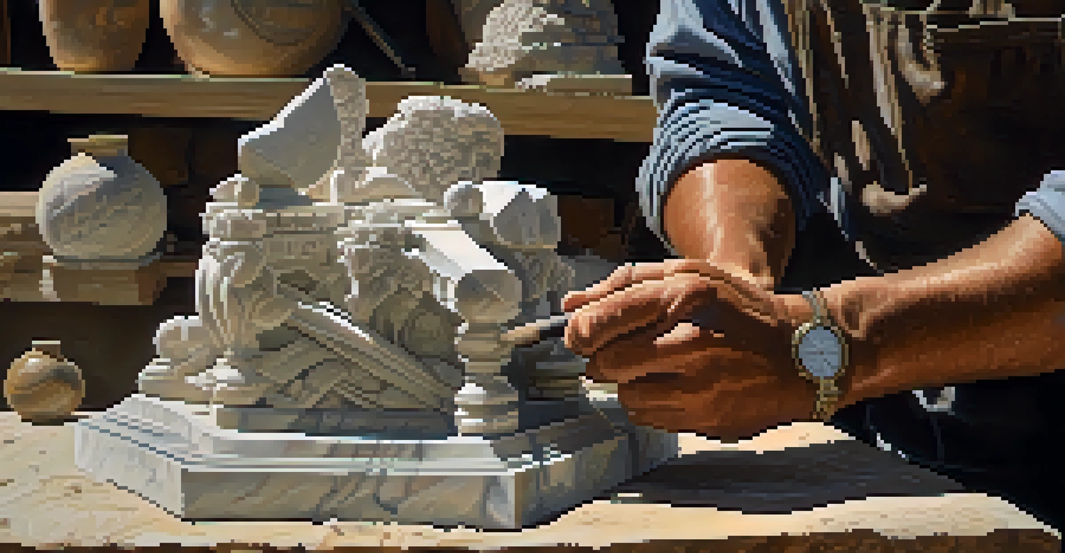 An artisan chiseling a marble sculpture in a sunlit workshop, surrounded by tools.