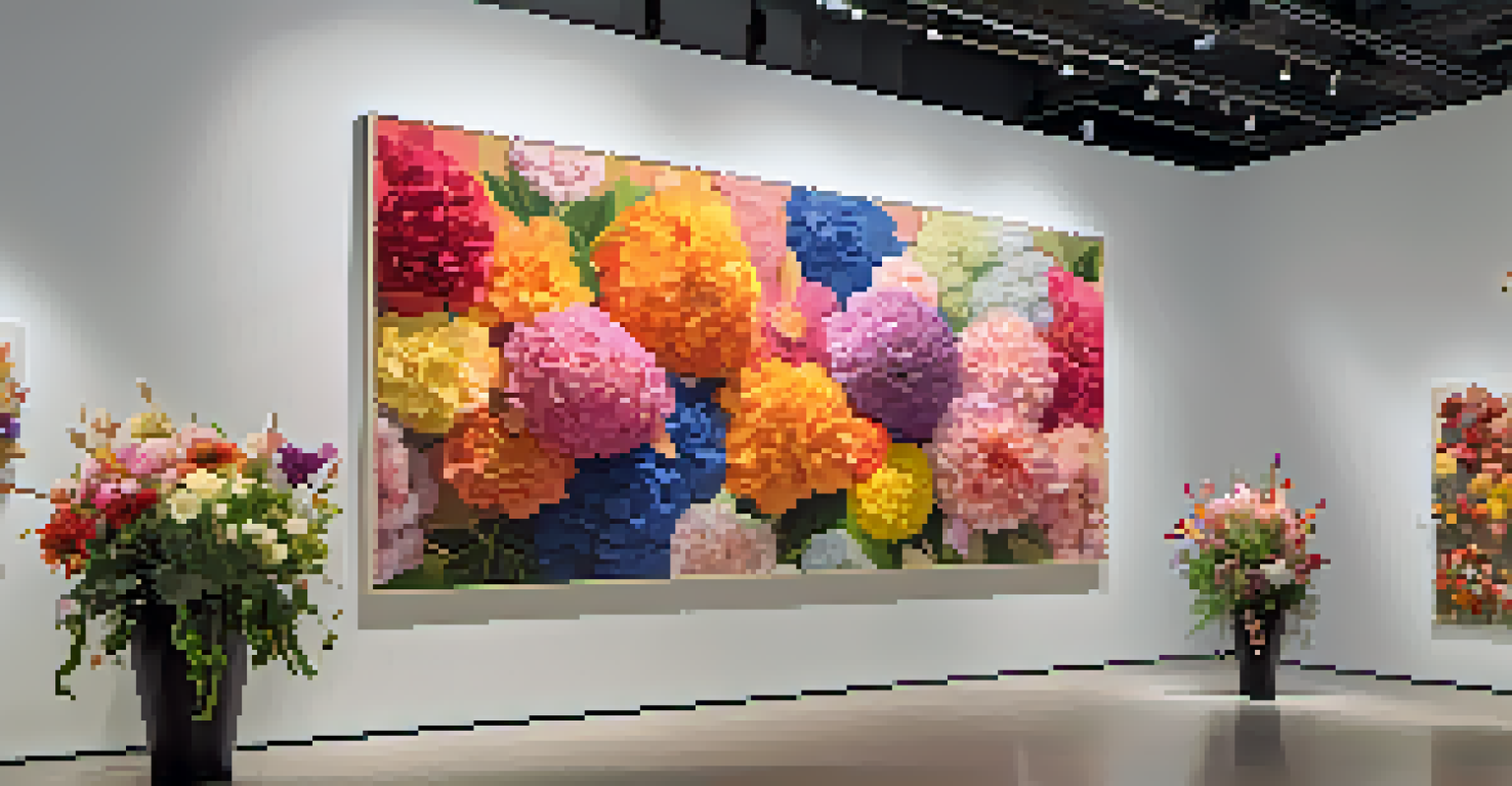 Large floral sculptures in a contemporary gallery, surrounded by soft lighting and colorful displays.