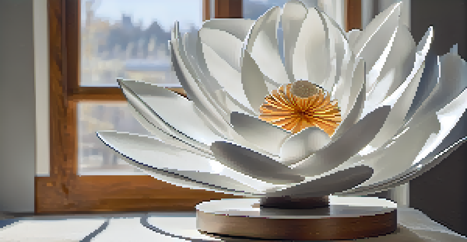 A kinetic sculpture of a blooming flower made from layered materials, with petals opening and closing, illuminated by natural light in a serene setting.