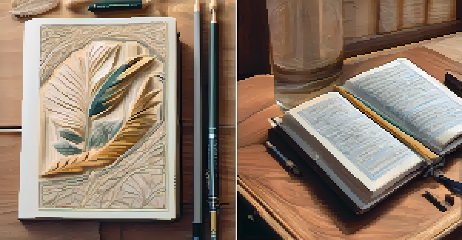 A journal with notes beside a detailed wooden carving, both illuminated by soft natural light.