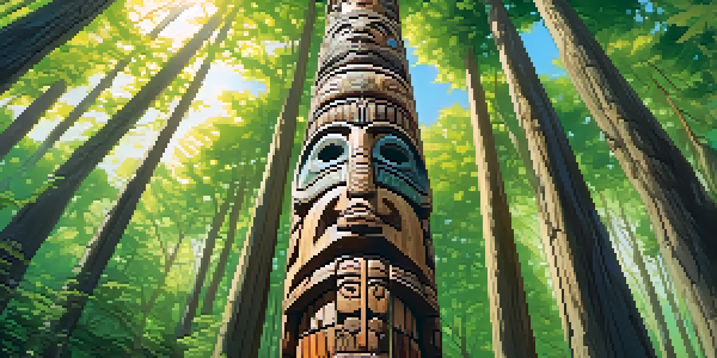 A carved wooden totem pole featuring symbols of endangered wildlife in a vibrant green forest with sunlight filtering through the trees.