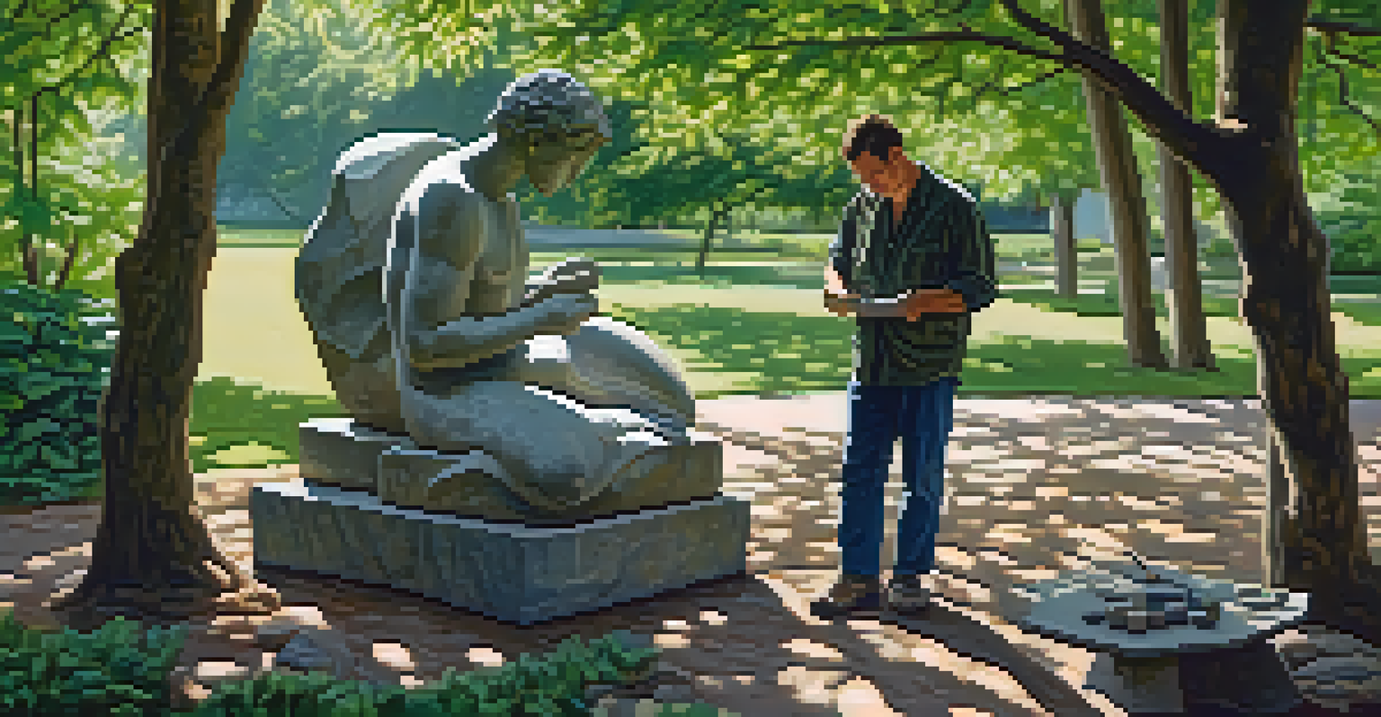 An artist carving a stone sculpture outdoors in a park, surrounded by greenery and tools.