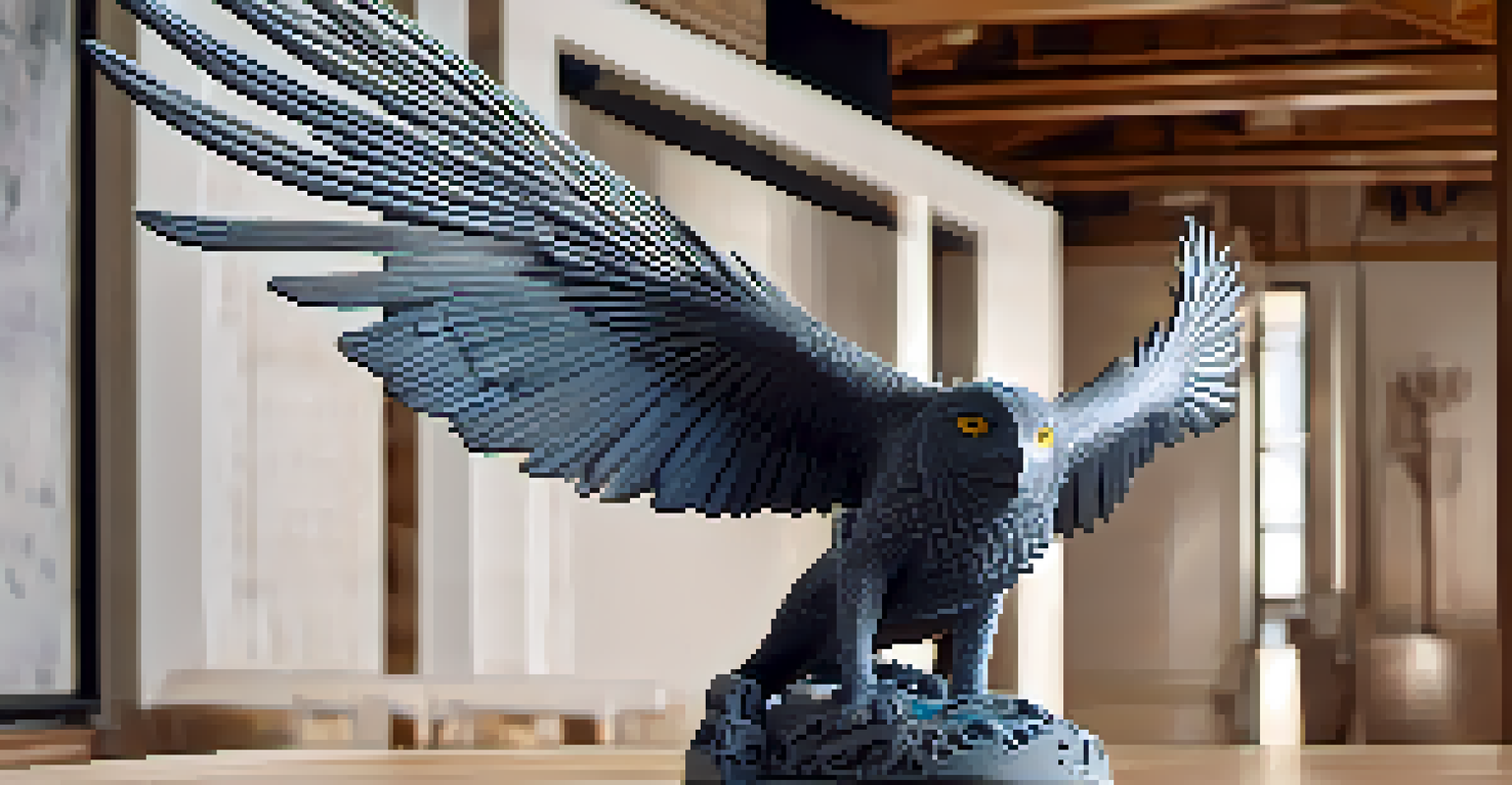 A close-up of a detailed 3D printed sculpture of a fantastical creature displayed on a wooden pedestal in a gallery, with soft lighting and shadows emphasizing its craftsmanship.