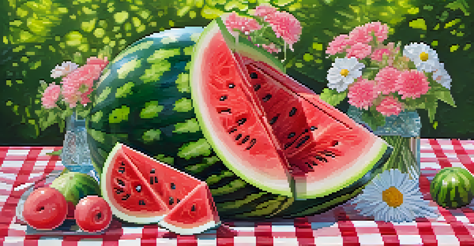 An intricately carved watermelon centerpiece decorated with colorful edible flowers, set in a bright summer picnic setting.