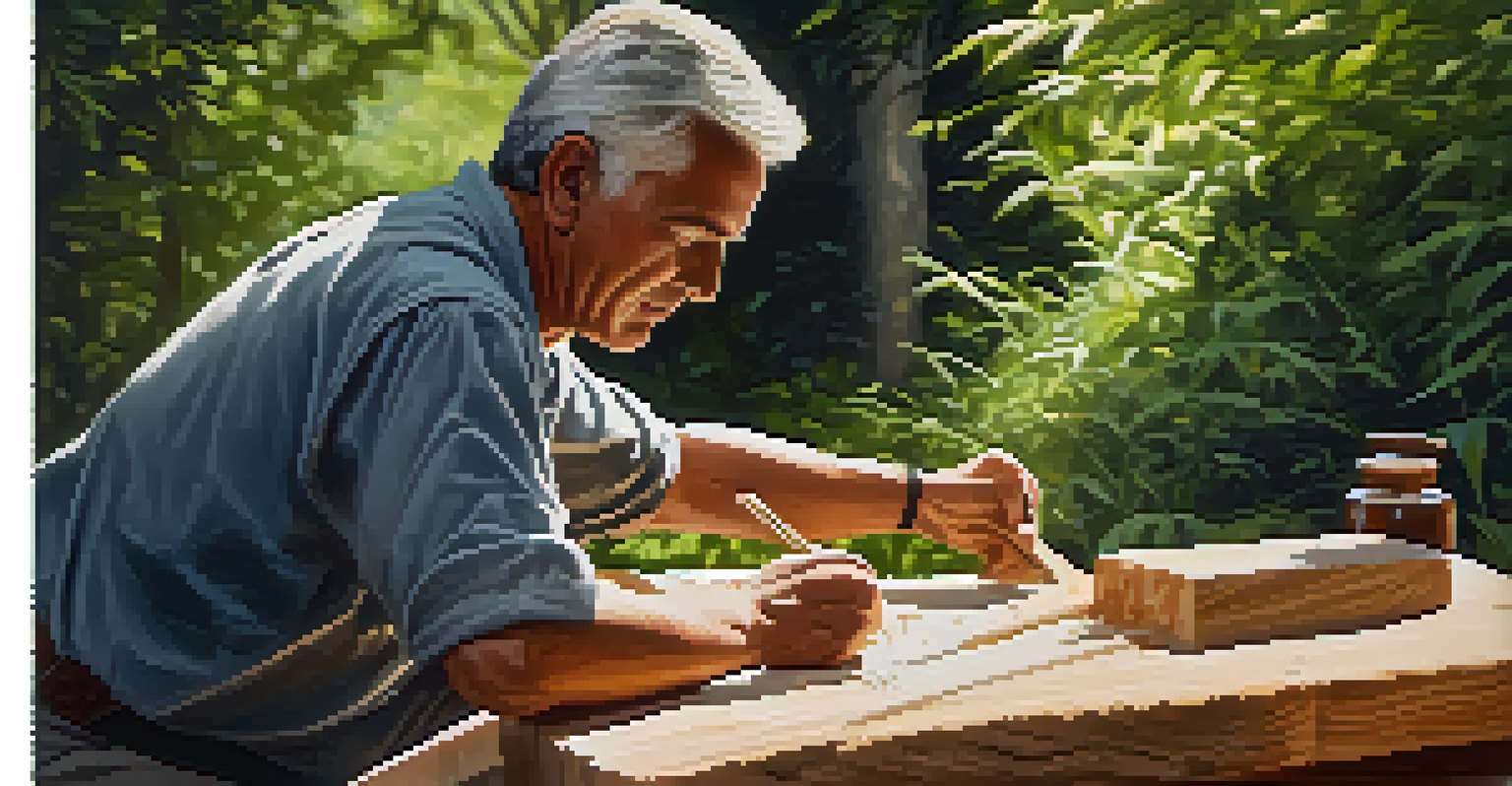 A carver demonstrating their skills on a wooden block in a serene outdoor setting, surrounded by greenery and soft sunlight.