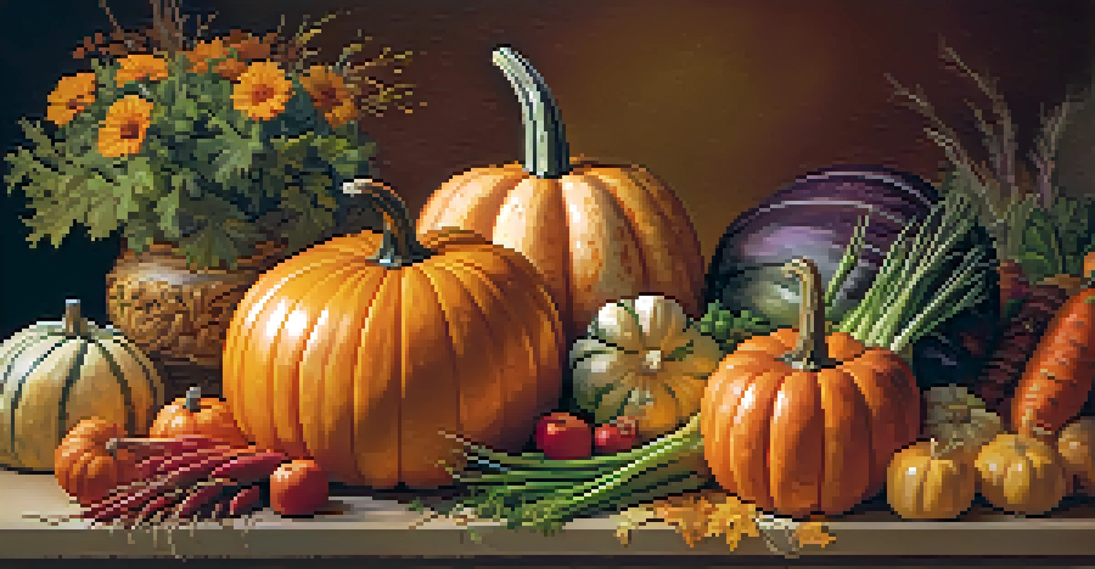 A carved pumpkin with a floral design surrounded by autumn vegetables, all set in a warm, autumn-themed display with scattered leaves.